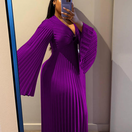 Plus Size Women’s V-Neck A-Line Dress Long Sleeve Solid Color