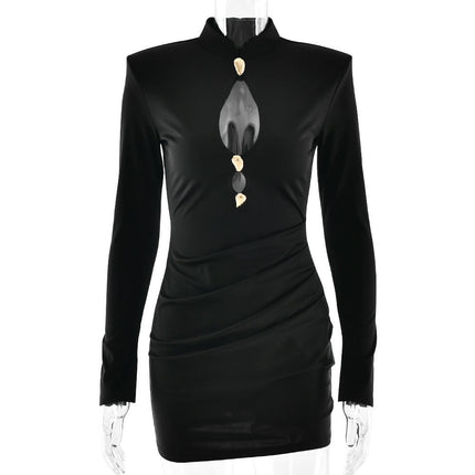 Women's Stand Collar Long Sleeve Hollow Out Winter Evening Party Dress