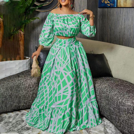 Women’s Printed Two Piece Set Short Top and Maxi Skirt Spring Outfit