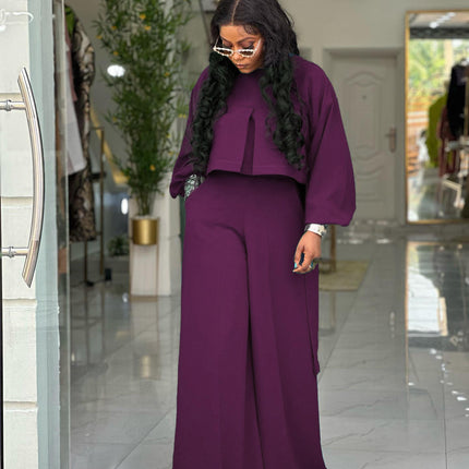 Plus Size Spring Two Piece Set O-Neck Top & Wide Leg Pants