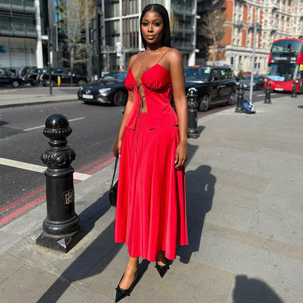 Women’s Summer 2-Piece Skirt Set Strap Top & High-Waist Maxi Skirt Outfit