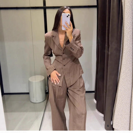 Women's Striped Lace Up Blazer and Casual Pants Autumn Winter Office Suit