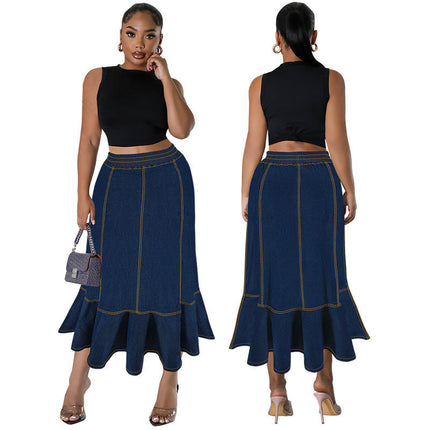 Plus Size Women Denim Maxi Skirt Elastic Waist Ruffle Long Jean Skirt Style