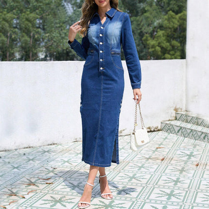 Women’s Long Sleeve Denim Maxi Dress Casual Button Down Jeans Style