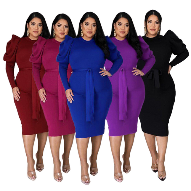 Plus Size African Church Dress for Women Lace Up Long Sleeve O Neck