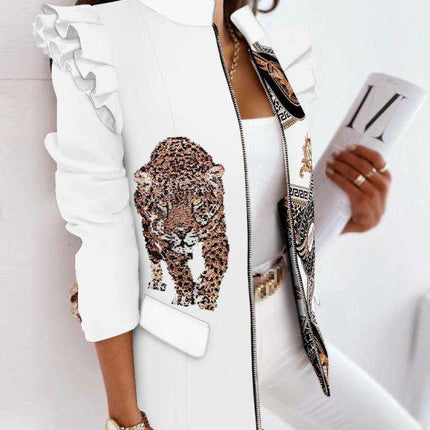 Women’s Printed Ruffle Zip Jacket Autumn Winter Long Sleeve Fashion Coat