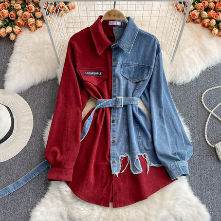 Korean Denim Shirt Dress for Women Slim Fit Corduroy Lapel Fall Style