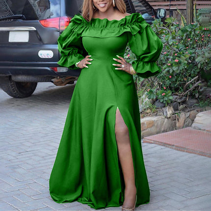 Plus Size African Autumn Dress Ruffle Long Sleeve Boat Neck Slit