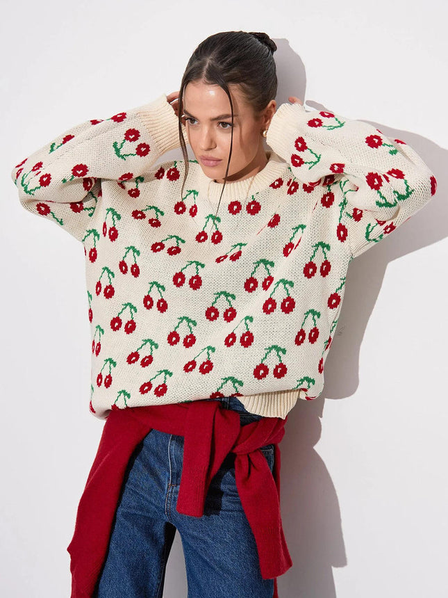 Cherry Print Oversized Women’s Knit Sweater Loose Fit Autumn Winter
