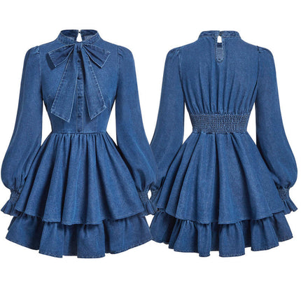Women’s Denim Bow Dress Lantern Sleeve Slim Fit Casual Jeans Dress