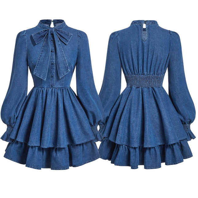 Women’s Denim Bow Dress Lantern Sleeve Slim Fit Casual Jeans Dress