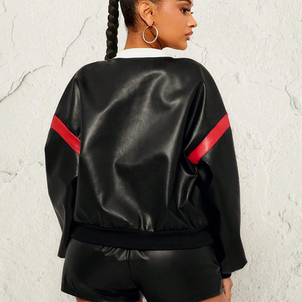 Women’s Colorblock Suede Motorcycle Jacket with Letter Graphic