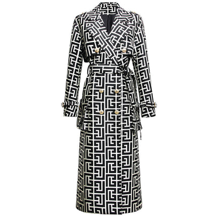 Women’s Black Trench Coat with Belt | Double-Breasted Printed Long Jacket