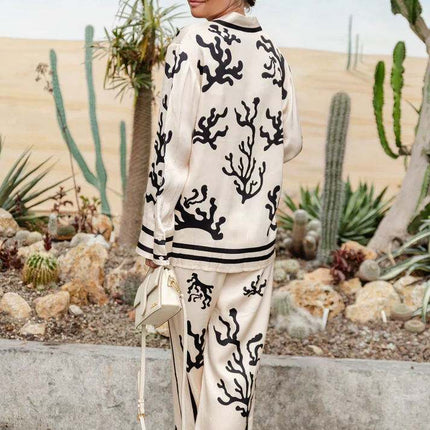 Women's Two Piece Long Sleeve Shirt and Wide Leg Pants Summer Casual Suit