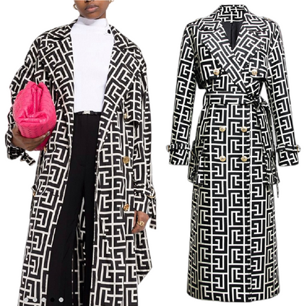 Women’s Black Trench Coat with Belt | Double-Breasted Printed Long Jacket
