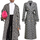 Women’s Black Trench Coat with Belt | Double-Breasted Printed Long Jacket