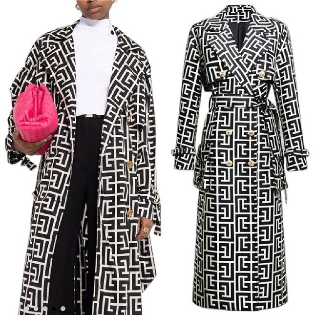 Women’s Black Trench Coat with Belt | Double-Breasted Printed Long Jacket