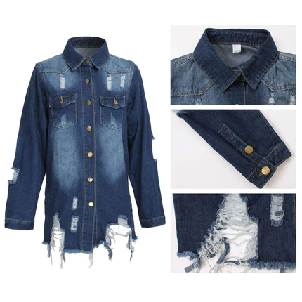 Women’s Autumn Denim Trench Coat Turn-Down Collar Single Breasted Jacket