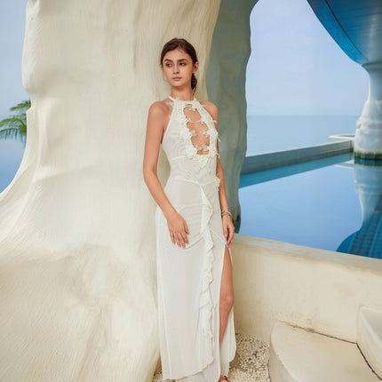 Women's Hollow Out Halter Backless Slit Slim Fit Summer Beach Maxi Dress