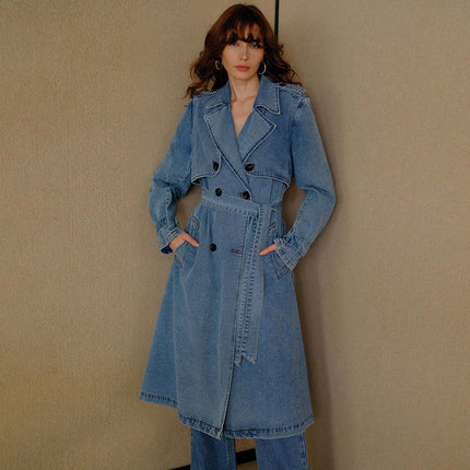Women’s Double Breasted Denim Trench Coat with Belt V-Neck Long Jacket