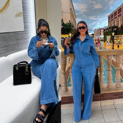 Women’s Denim Two Piece Set Lapel Jacket & Lace Up Straight Jeans