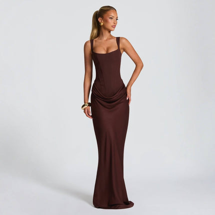 Women's U Neck Backless Fishbone Halter Hip Wrap Summer Evening Party Dress