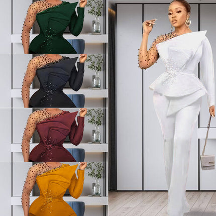 Women’s Rhinestone Mesh Top & Straight Pants Two-Piece Outfit Set