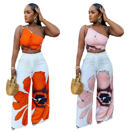 Women Summer Two Piece Set Single Shoulder Top Wide Leg Pants Outfit
