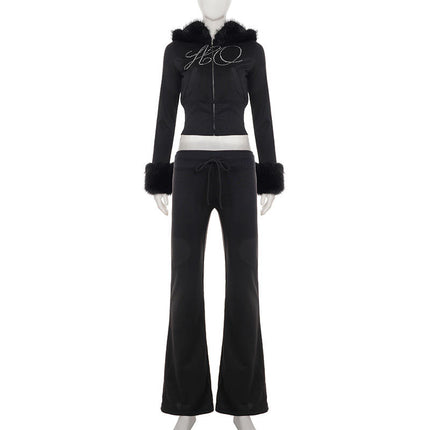 Women’s Winter Fur Rhinestone Hoodie Jacket & Sweatpants 2-Piece Set