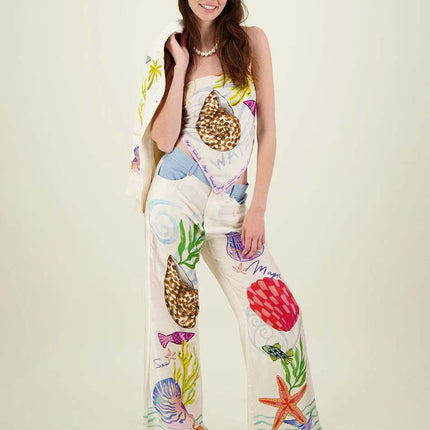 Women's Vintage Print Long Sleeve Shirt and Wide Leg Pants Summer Casual Suit