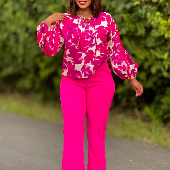 Women’s Office Two Piece Set Printed Long Sleeve Top Wide Leg Pants
