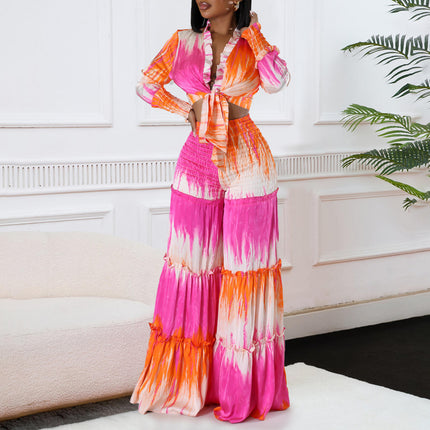Trendy Printed Two Piece Set for Women Long Sleeve Top Wide Leg Pants