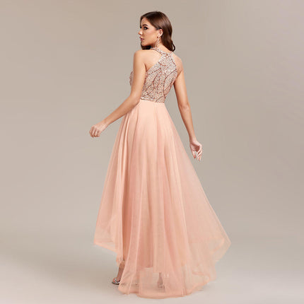 Women’s Sequin Halter Evening Gown Multi-Layer Mesh Prom Ball Dress