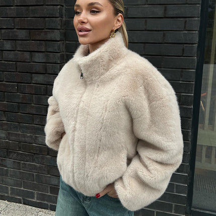 Women's Stand Collar Long Sleeve Short Faux Fur Winter Coat Jacket