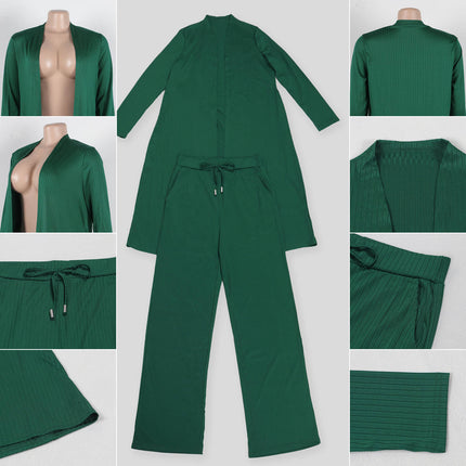 Women Ribbed Cardigan & Wide Leg Pants Set | Elegant Casual Two-Piece Outfit