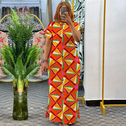 Plus Size Summer Shirt Dress Women Elegant Stand Collar Split Maxi