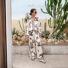 Women's Two Piece Long Sleeve Shirt and Wide Leg Pants Summer Casual Suit