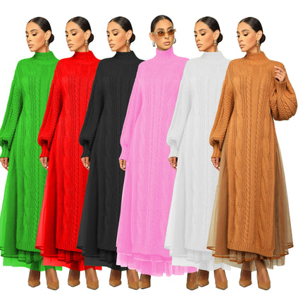 Women's Winter Knitted Sweater Dress Long Sleeve Patchwork Casual