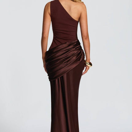 Women's One Shoulder Pleated Satin Hip Wrap Summer Evening Party Dress