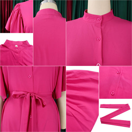 Women Casual Loose Maxi Dress with Flare Sleeves Button Front