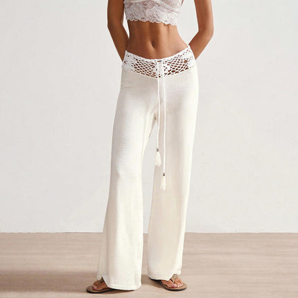 Women's High Waist Loose Fit Wide Leg Hollow Out Knitted Summer Beach Pants