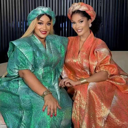 African Kaftan Boubou Dress for Women V-Neck Loose Fit with Headscarf