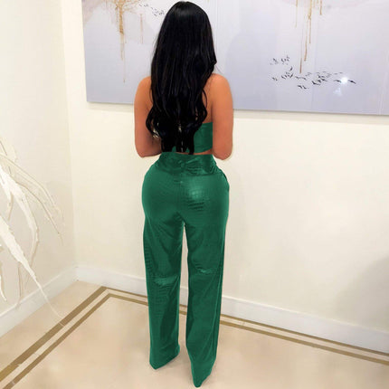 PU Leather 2 Piece Set for Women Sleeveless Vest Straight Pants