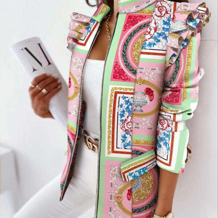 Women’s Printed Ruffle Zip Jacket Autumn Winter Long Sleeve Fashion Coat