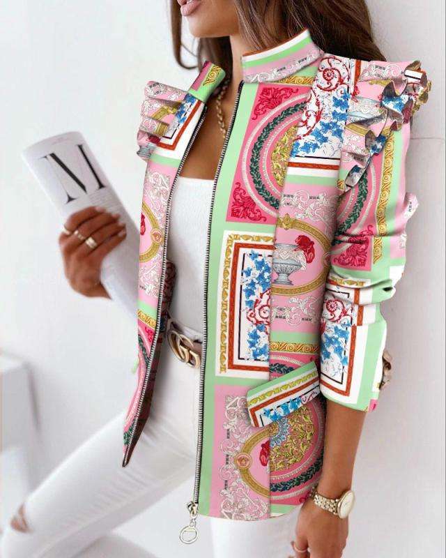 Women’s Printed Ruffle Zip Jacket Autumn Winter Long Sleeve Fashion Coat