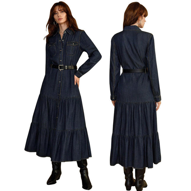 Women's Long Sleeve Denim Maxi Dress Slim Fit Button Front