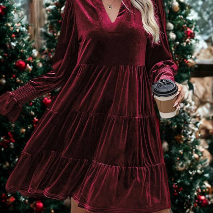 Women's V Neck Bubble Sleeve Velvet Hollow Out Autumn Winter Evening Party Dress