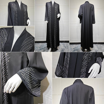 Black Open Abaya with Rhinestones | Modest Dubai Muslim Women's Robe