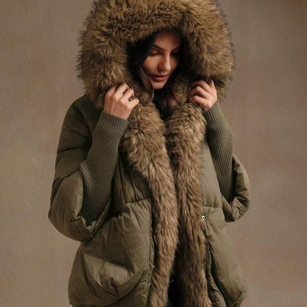 Women Oversized Hooded Winter Down Jacket Padded Coat with Fur Collar