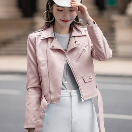 Women’s PU Leather Moto Jacket Slim Fit Short Korean Spring Style